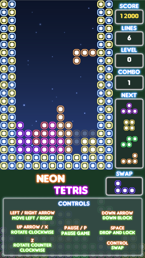 Neon Tetris Game Screenshot.