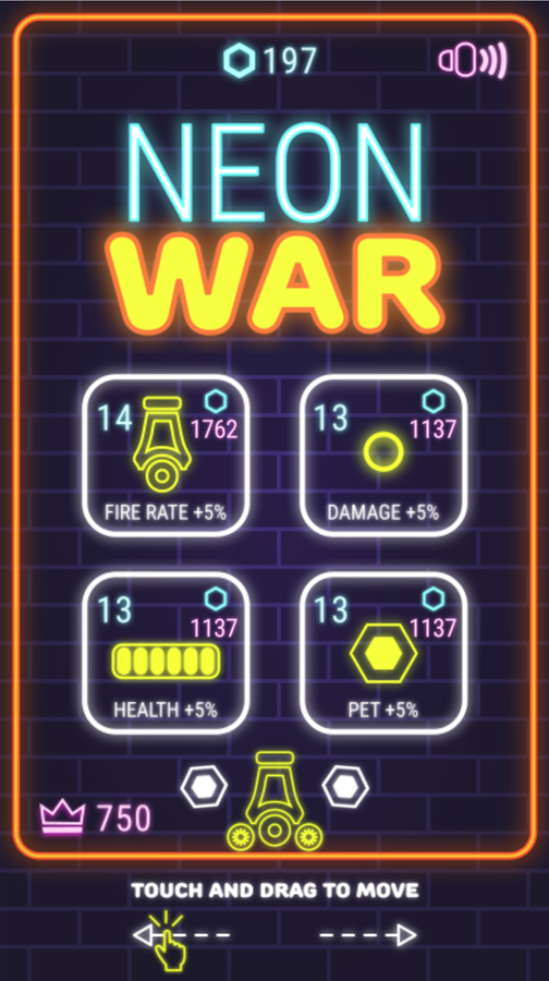 Neon War Game Upgrades Screen Screenshot.