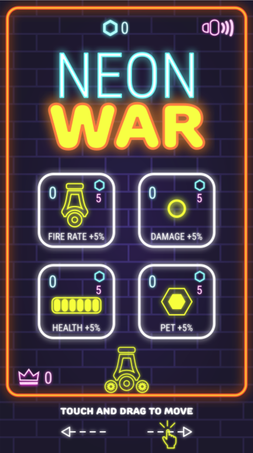 Neon War Game Welcome Screen Screenshot.