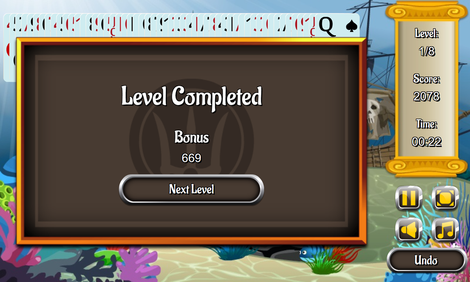 Neptune Solitaire Game Level Completed Screenshot.