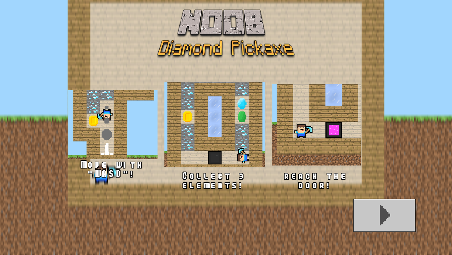 Noob Diamond Pickaxe Game How to Play Screen Screenshot.