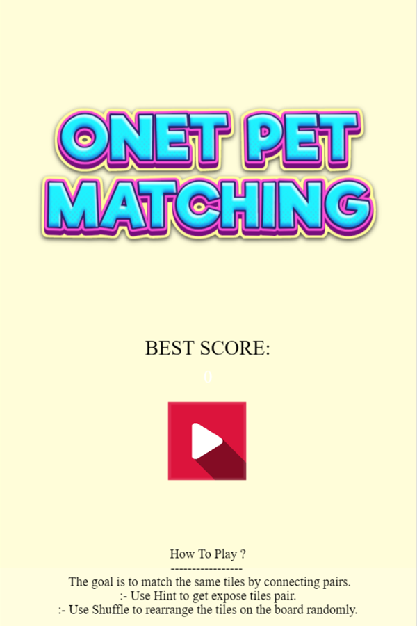 Onet Pet Matching Game Welcome Screen Screenshot.