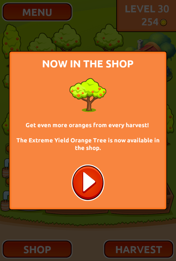 Orange Farm Game Extreme Yield Orange Tree Unlocked Information Screen Screenshot.