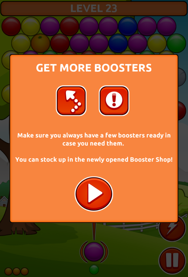 Orange Farm Game Get More Boosters Information Screen Screenshot.