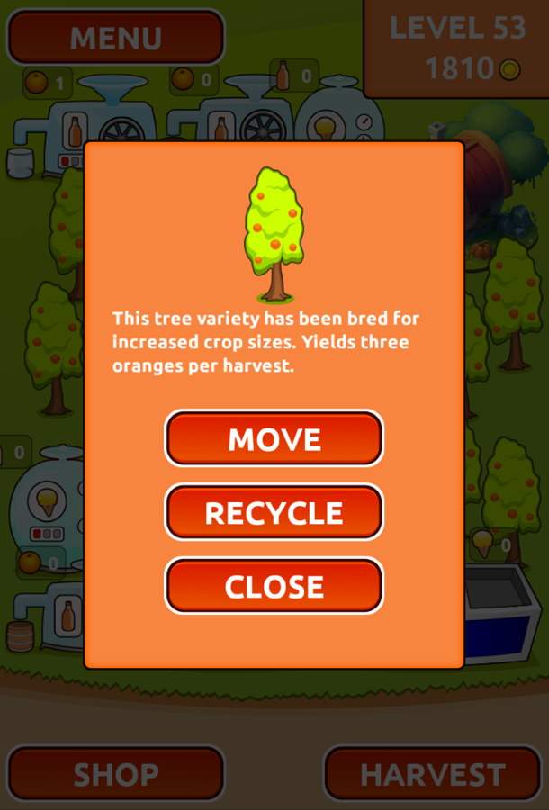 Orange Farm Game Move or Recycle Menu Screen Screenshot.