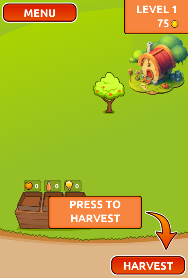 Orange Farm Game Press to Harvest Instruction Screenshot.