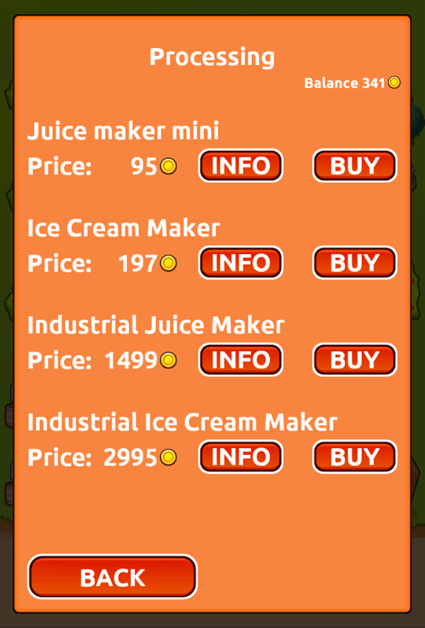 Orange Farm Game Food Processing Equipment Menu Screen Screenshot.