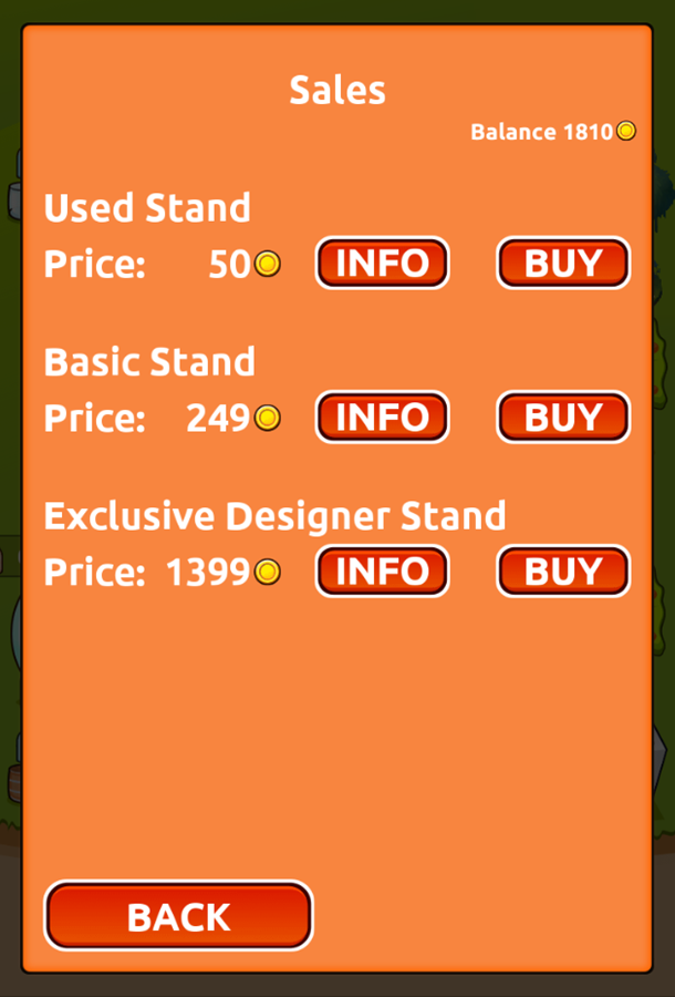 Orange Farm Game Sales Stands Menu Screen Screenshot.