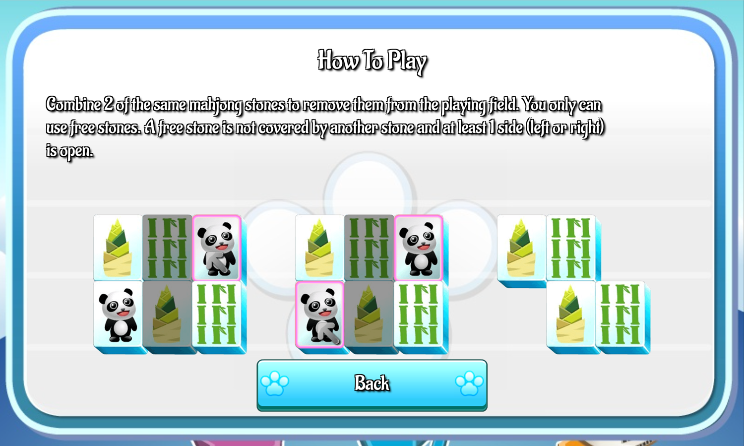 Panda Mahjong Game Help Screen Screenshot.