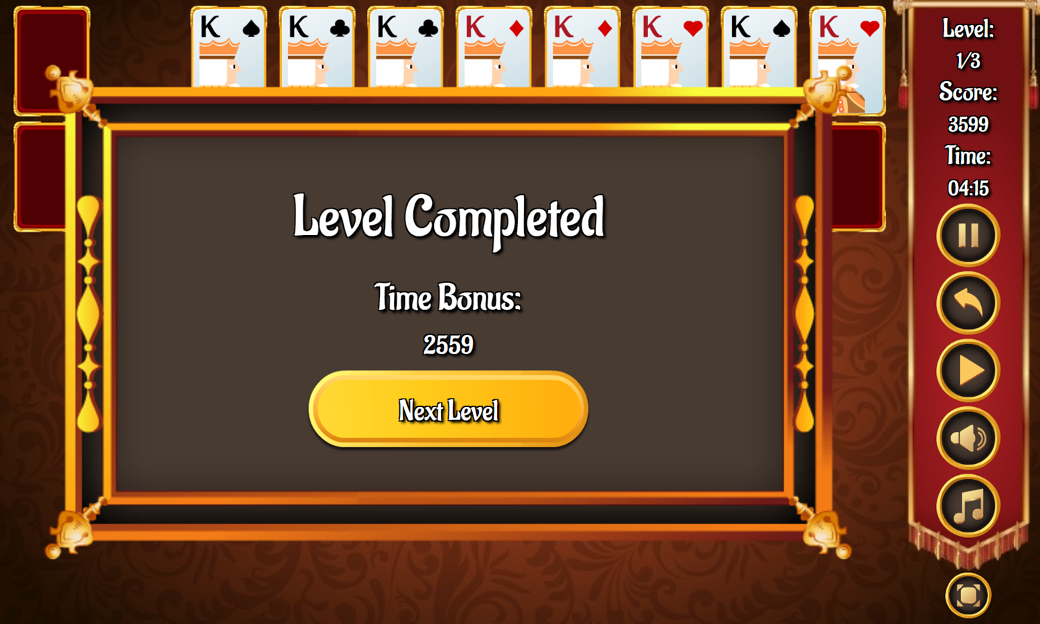 Pantagruel Double Klondike Game Level Completed Screenshot.