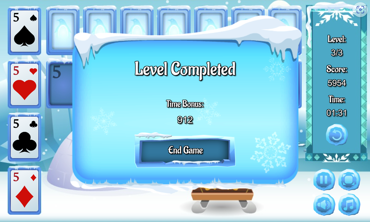 Penguin Solitaire Game Level Completed Screen Screenshot.
