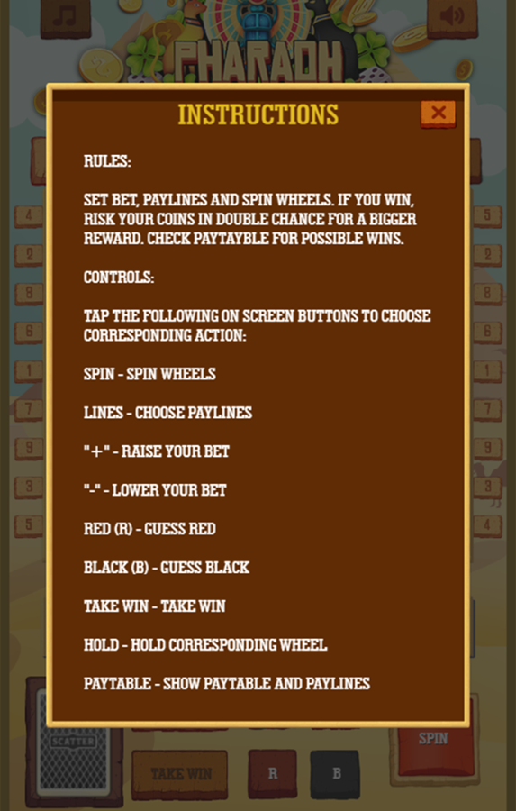 Pharaoh Slots Casino Game Instructions Screenshot.