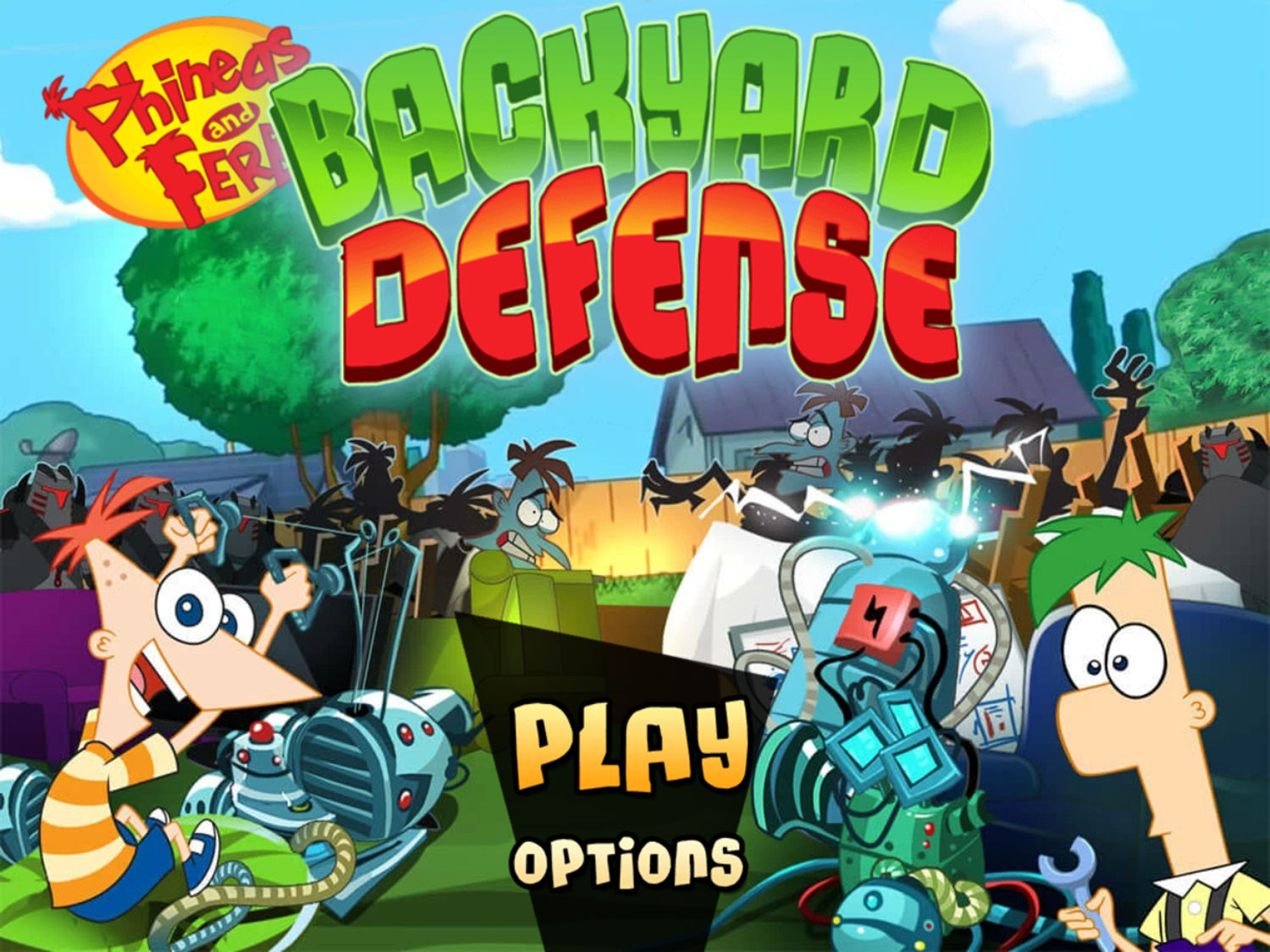 Phineas and Ferb Backyard Defense Game Welcome Screen Screenshot.