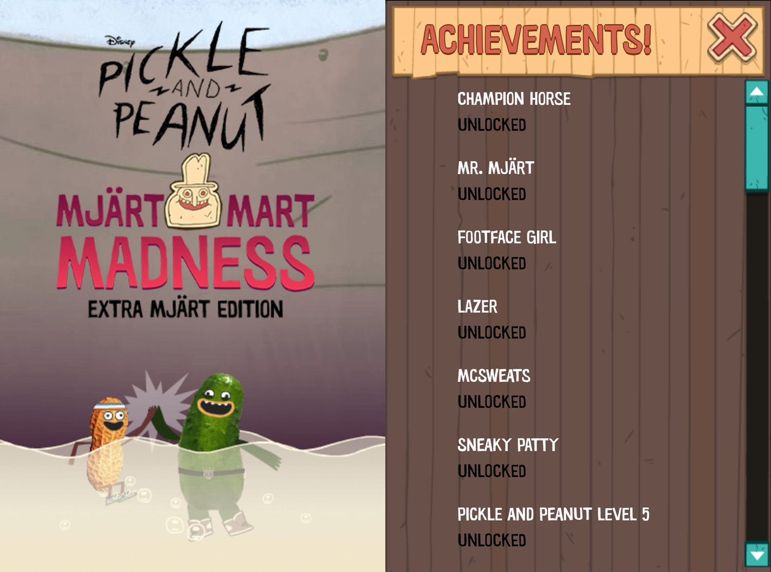 Pickle and Peanut Mjärt Mart Madness Game Achievements Screen Screenshot.