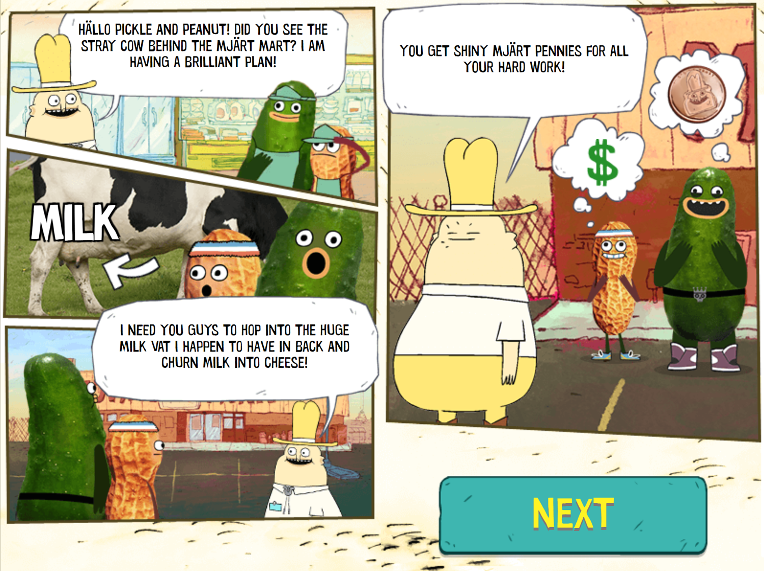 Pickle and Peanut Mjärt Mart Madness Game Cutscene Screenshot.