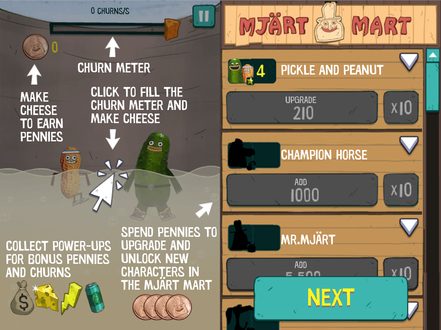Pickle and Peanut Mjärt Mart Madness Game Instructions Screen Screenshot.