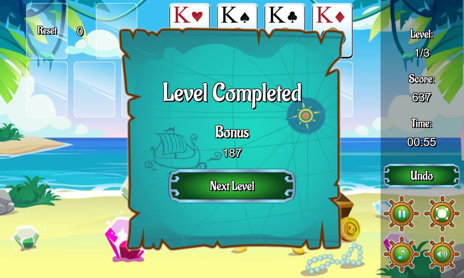 Pirate Klondike Game Level Completed Screenshot.