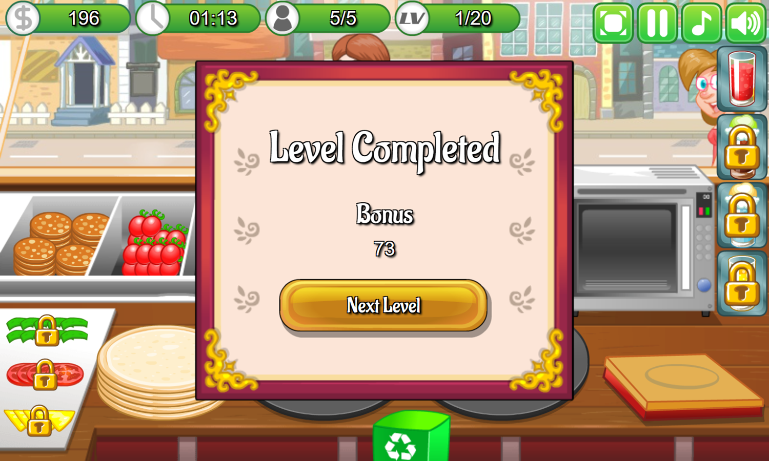 Pizzeria Game Level Completed Screenshot.