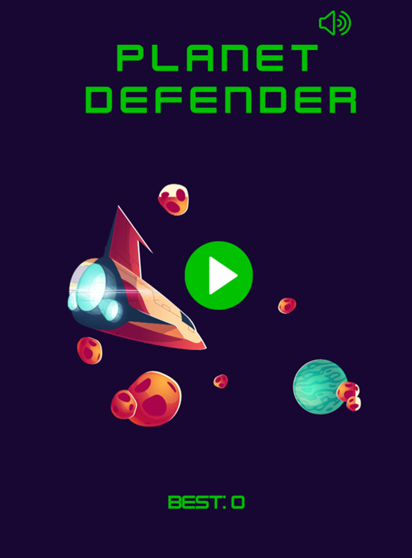 Planet Defender Game Welcome Screen Screenshot.