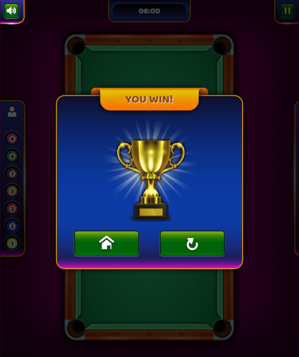 Pool 8 Ball Mania Game Win Screenshot.