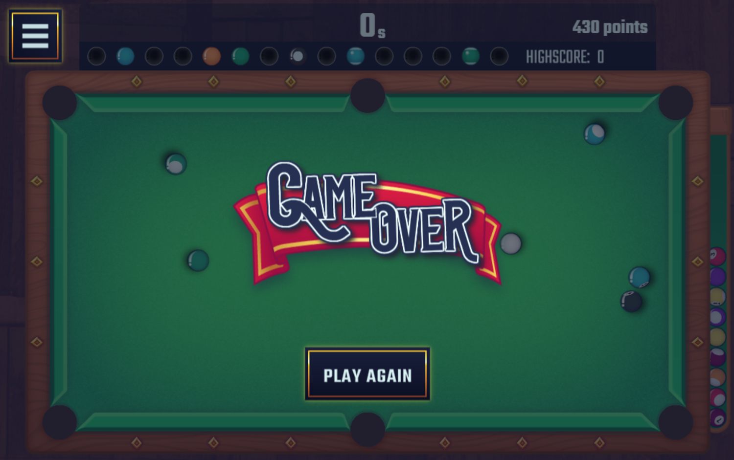 Pool Club Game Over Screenshot.