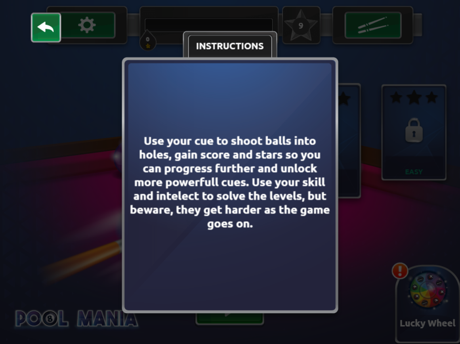 Pool Mania Game Instructions Screenshot.