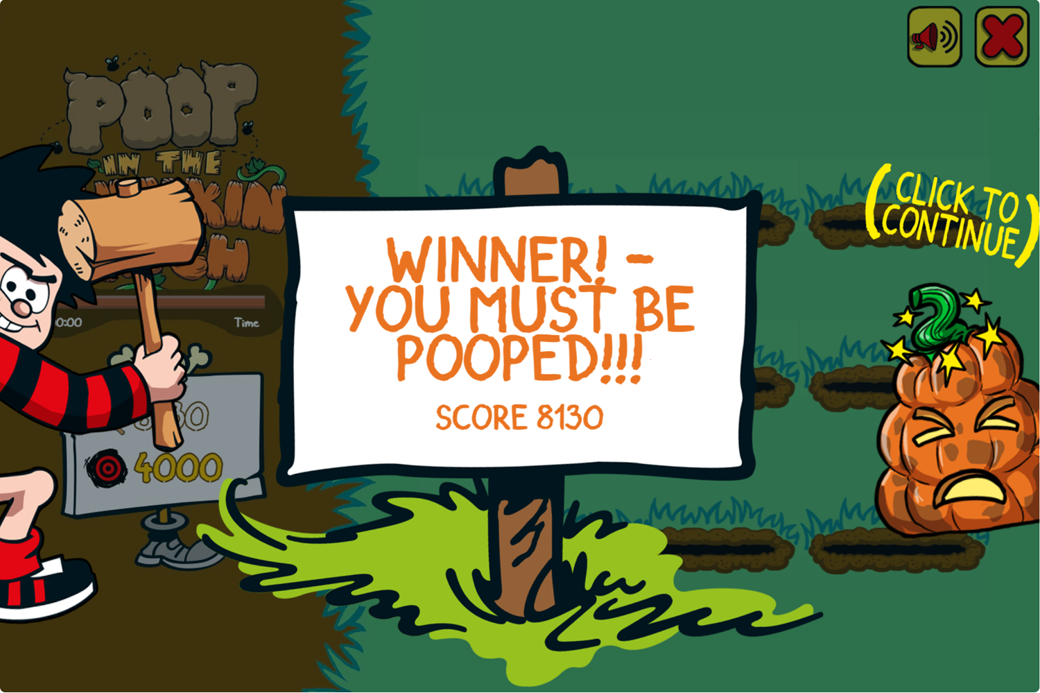 Poop in the Pumpkin Patch Game Winner Screenshot.
