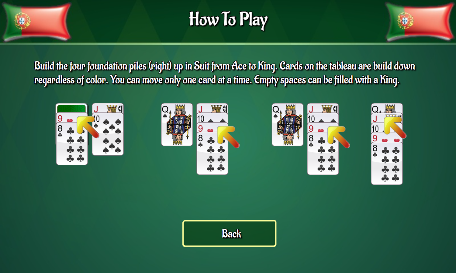 Portuguese Solitaire Game How To Play Screenshot.