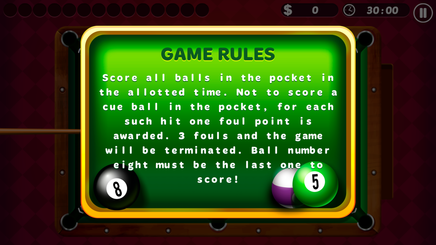 Pro Billiards Game Rules Screenshot.