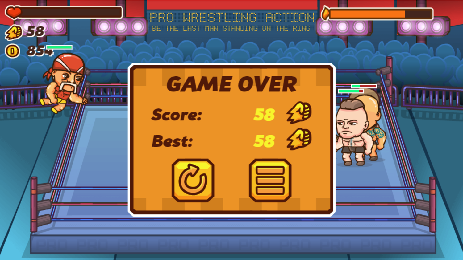 Pro Wrestling Action Game Over Screen Screenshot.