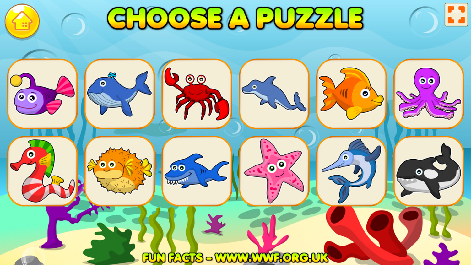 Puzzle Time Sea Creatures Game Choose Puzzle Screenshot.