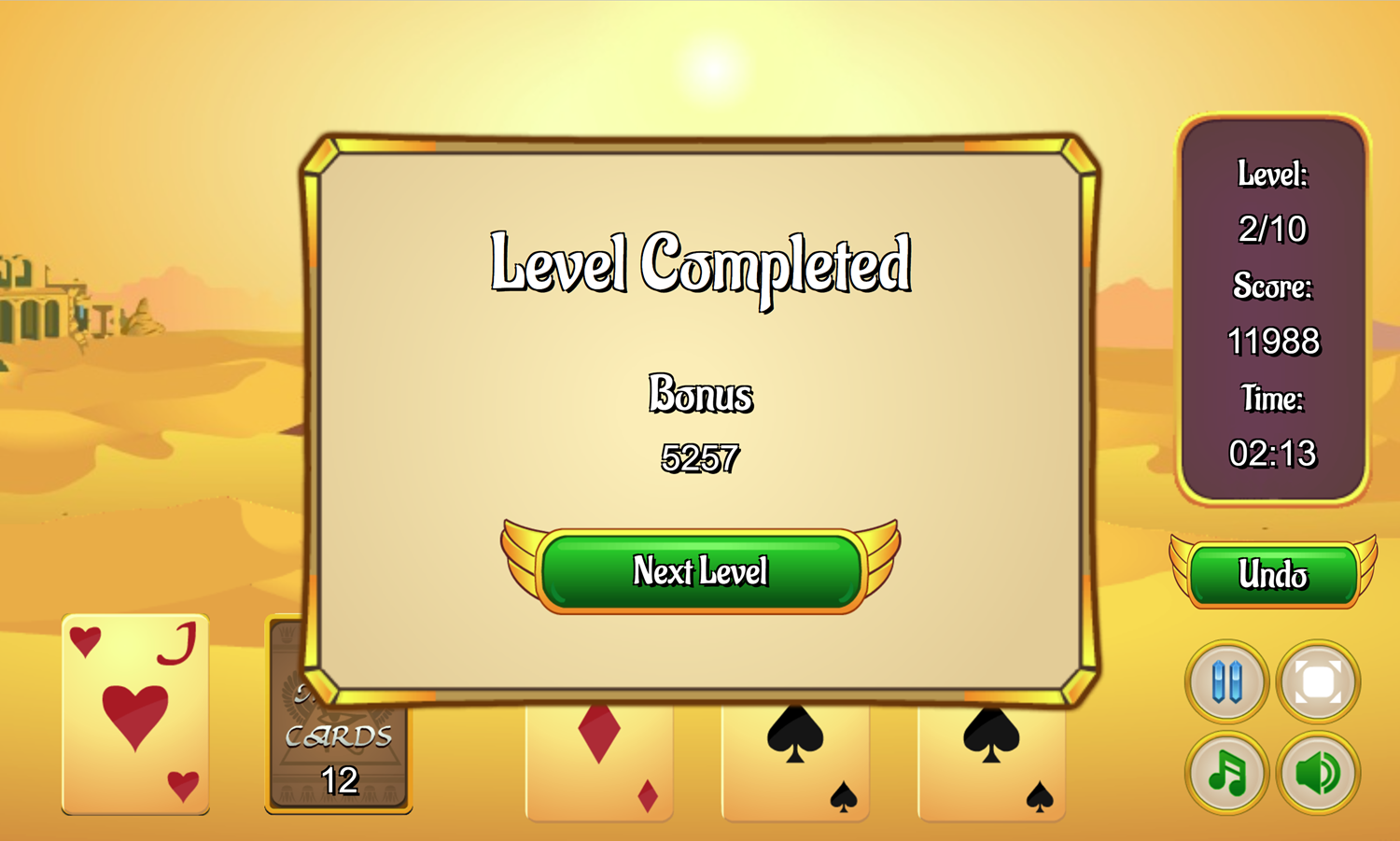 Pyramid Solitaire Game Level Completed Screen Screenshot.