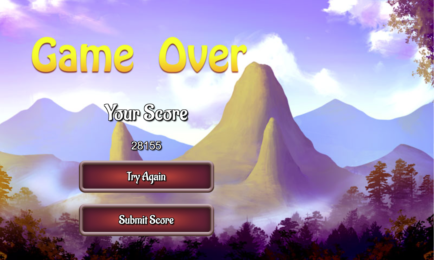 Pyramid Mountains Solitaire Game Over Screenshot.