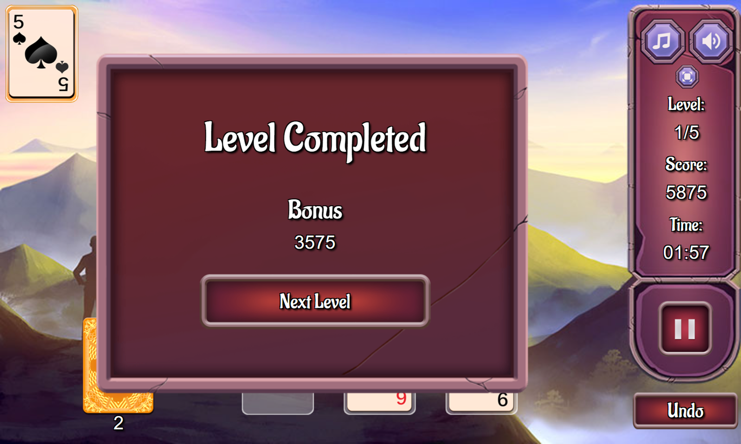 Pyramid Mountains Solitaire Game Level Completed Screenshot.