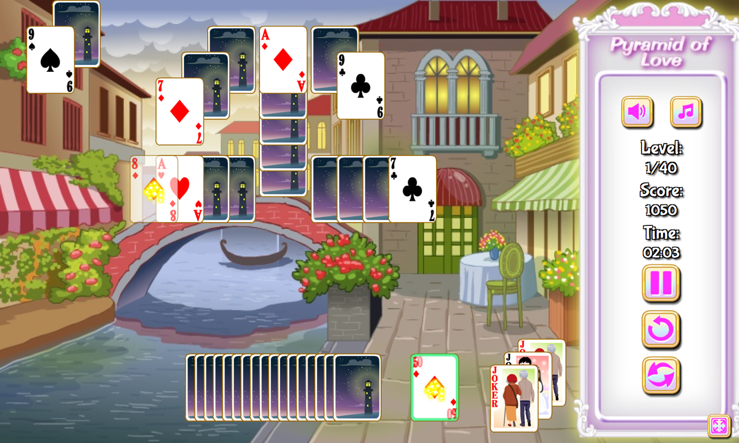 Pyramid of Love Solitaire Game Level Play Screenshot.