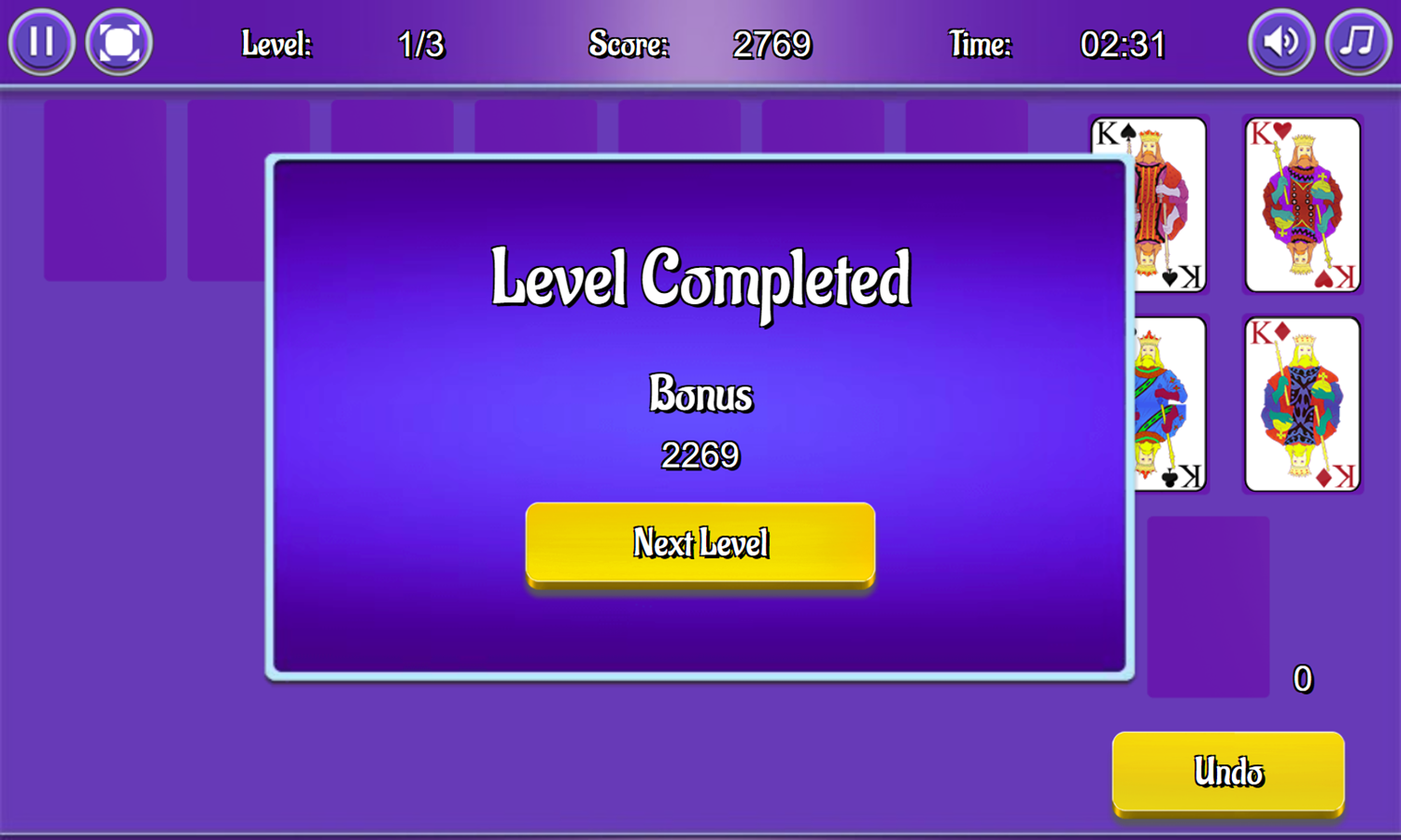 Queenie Solitaire Game Level Completed Screenshot.