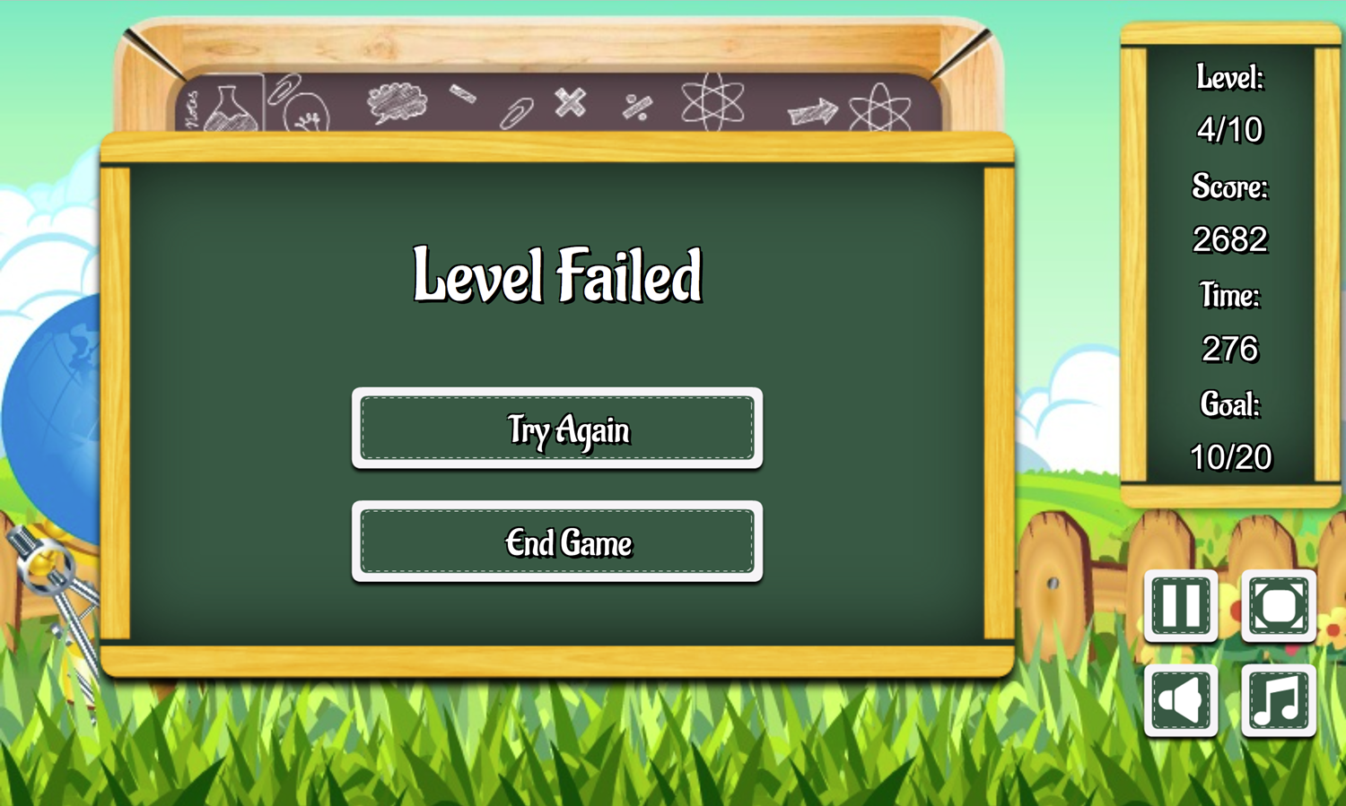 Quick Arithmetic Game Level Failed Screen Screenshot.