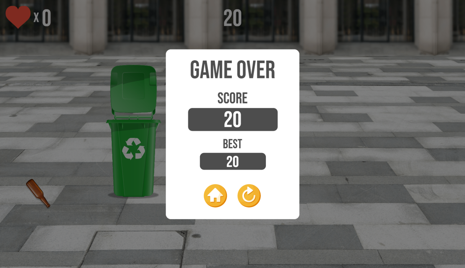 Recycling Hero Game Over Screenshot.