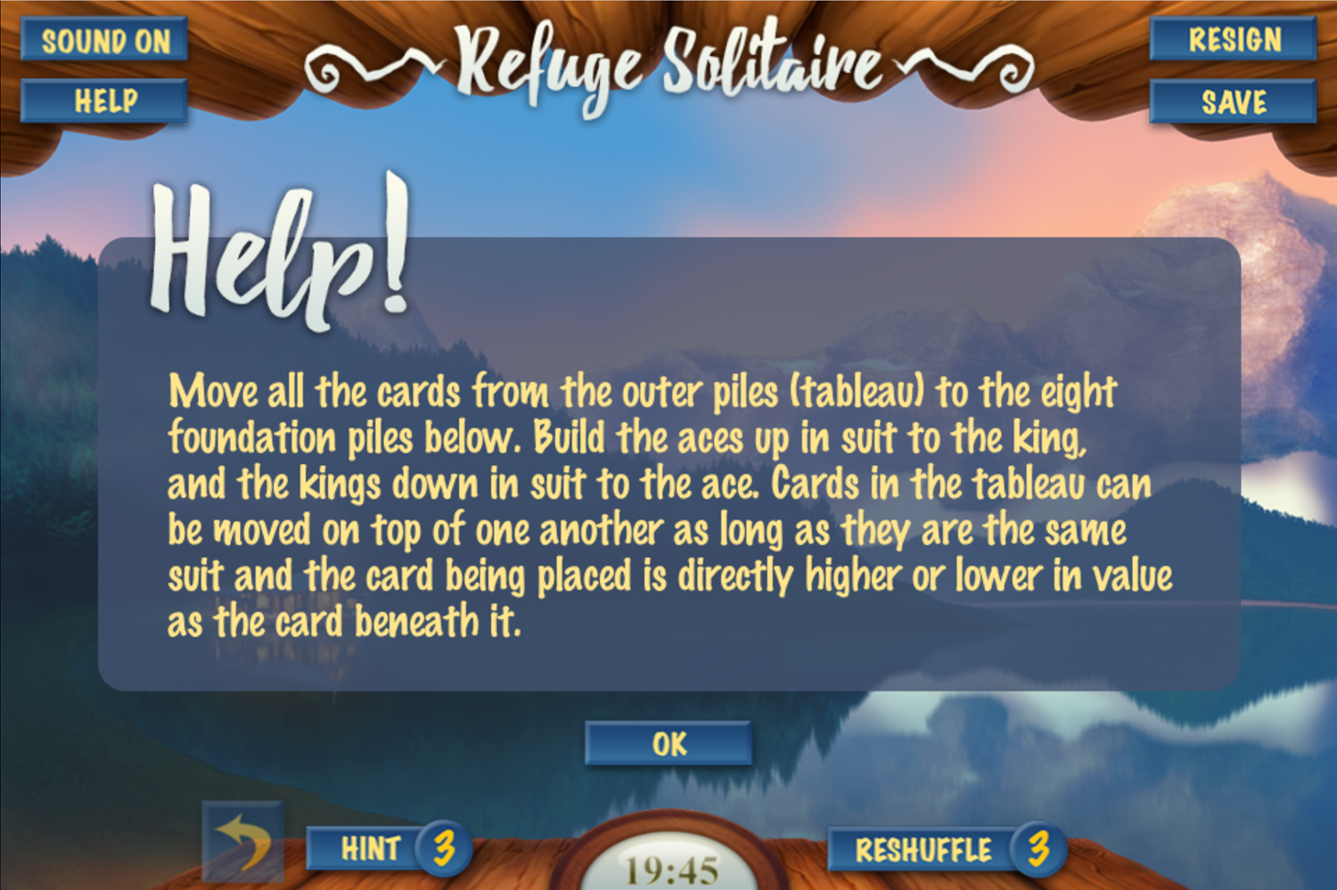 Refuge Solitaire Card Game Instructions Screenshot.