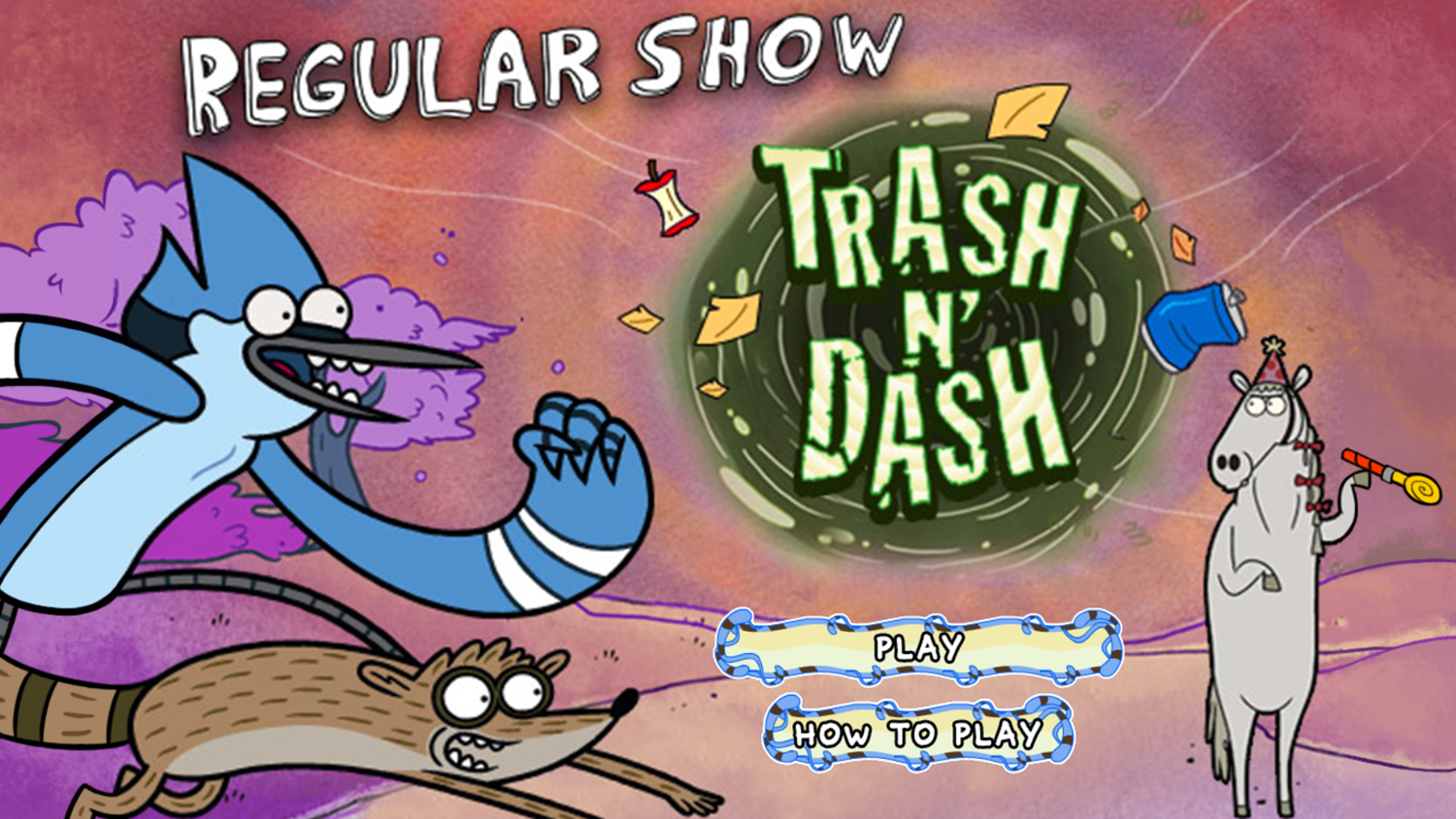 Regular Show Trash and Dash Game Welcome Screen Screenshot.