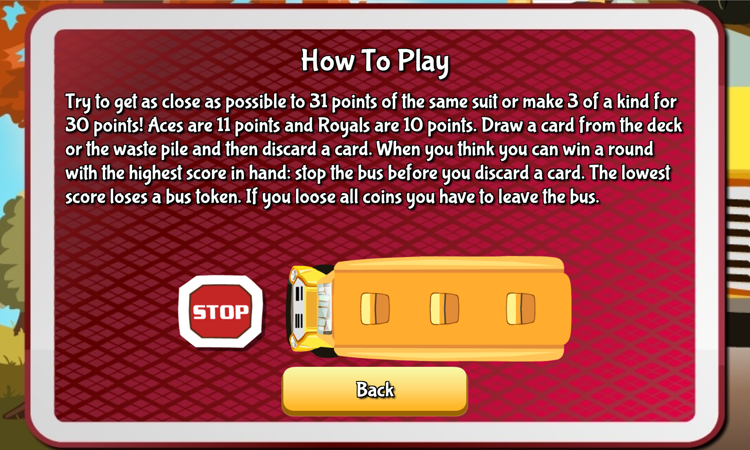 Ride the Bus Game Help Screen Screenshot.