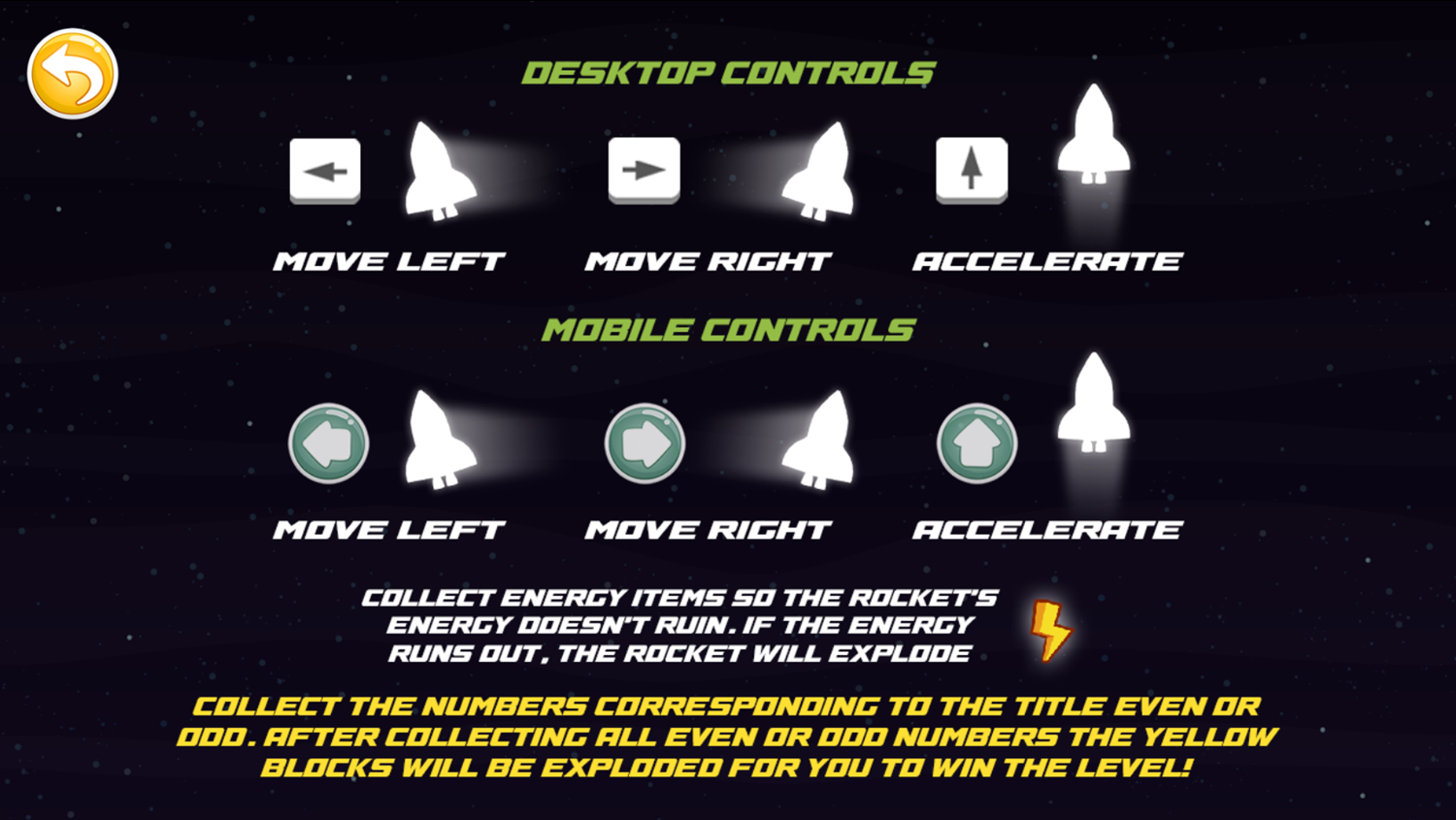 Rocket Balance Even Odd Game Controls Screenshot.