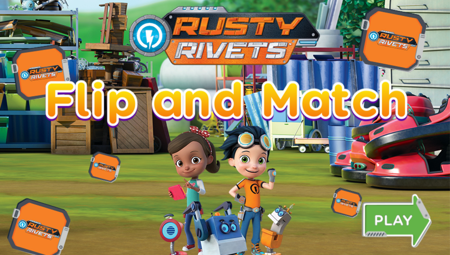 Rusty Rivets Flip and Match Game Welcome Screen Screenshot.