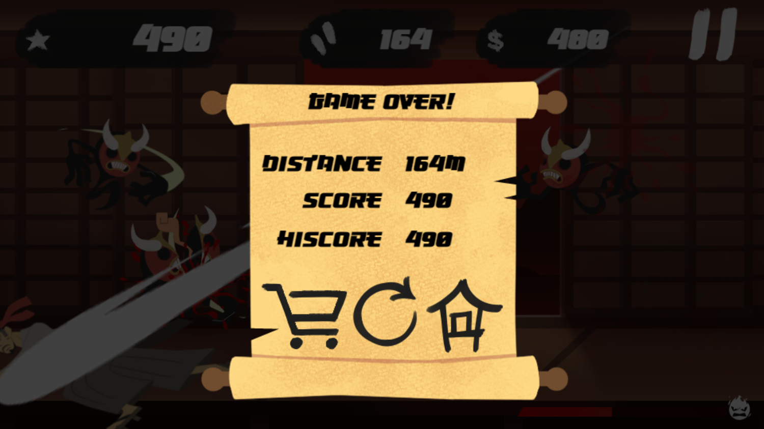 Samurai Rampage Game Over Screenshot.