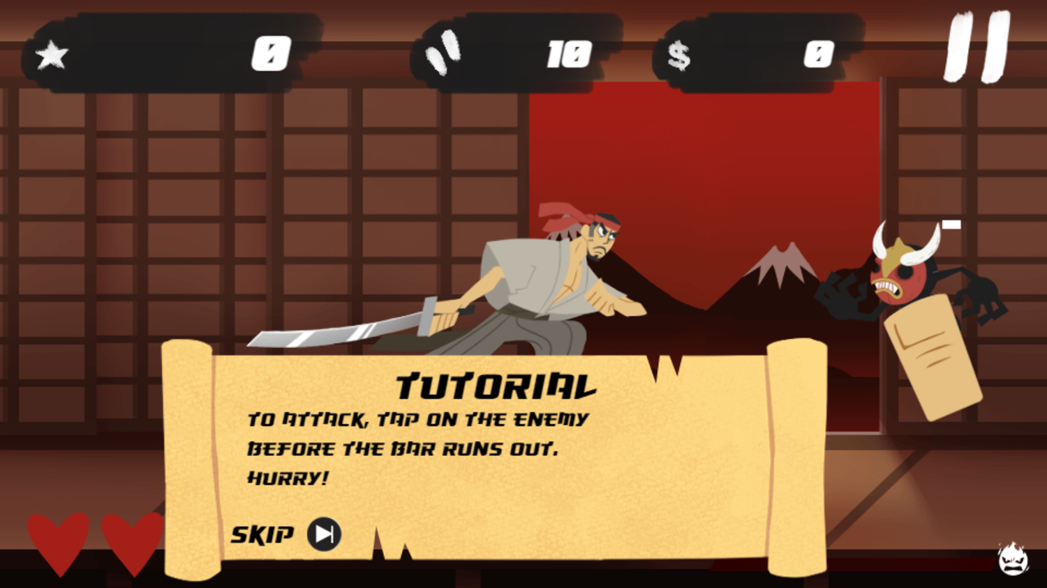 Samurai Rampage Game Tutorial Screenshot.