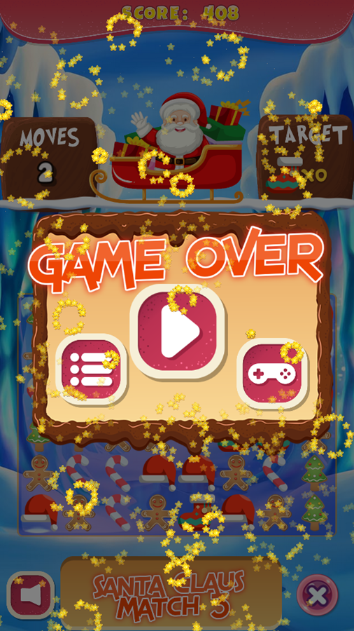 Santa Claus Match 3 Game Over Screenshot.