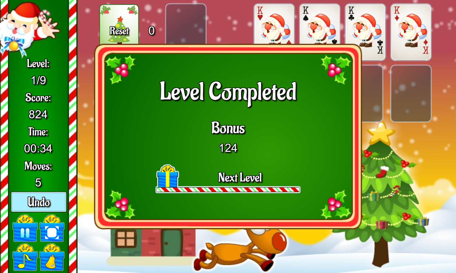 Santa Solitaire Game Level Completed Screenshot.