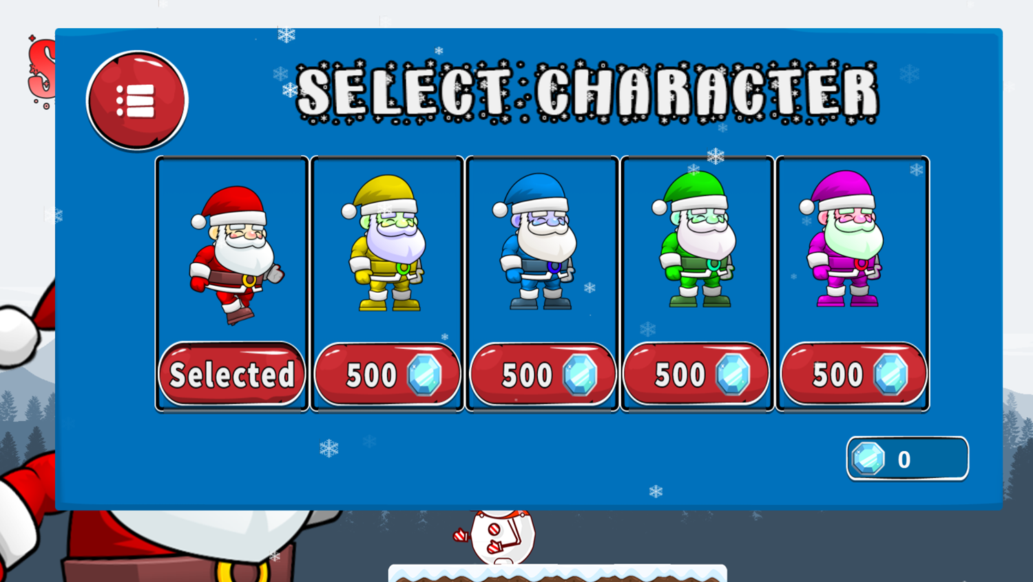 Santas Platformer Game Select Character Screen Screenshot.