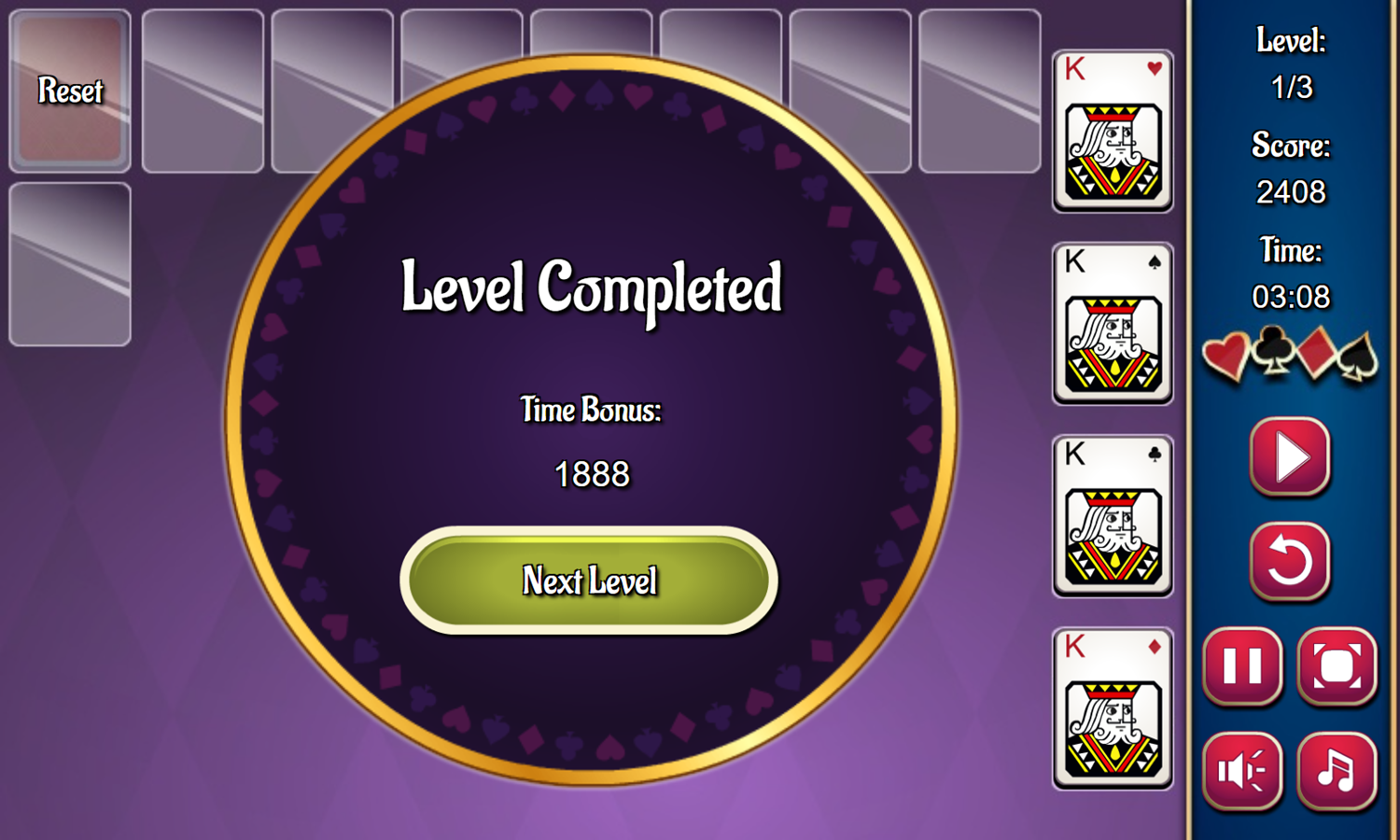 Saratoga Solitaire Game Level Completed Screenshot.