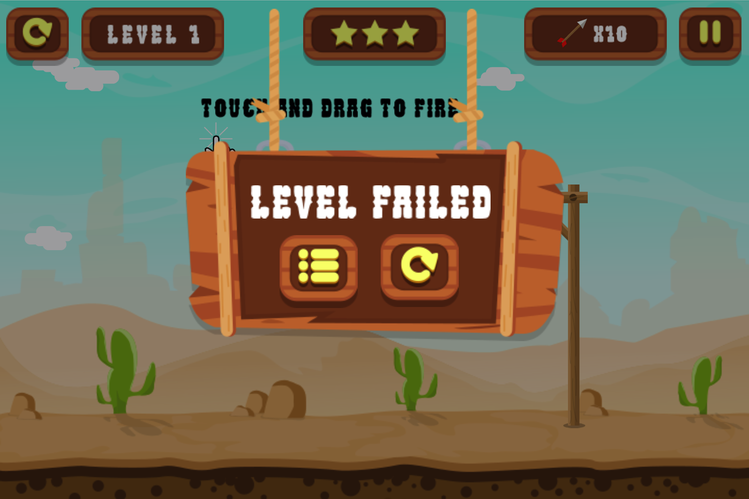 Save the Cowboy 2 Game Level Failed Screen Screenshot.
